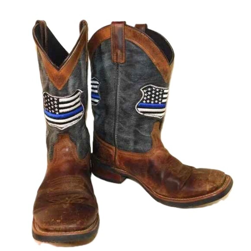 Laredo Square Toe Leather Western Cowboy Boots Size 9 EW Thin Blue Line Flag